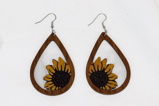 Wooden Earrings Teardrop Sunflower