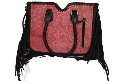 Black and Pink Western Fringe Leather Tote