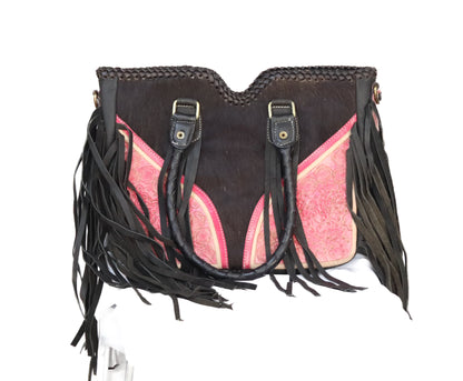 Black and Pink Western Fringe Leather Tote