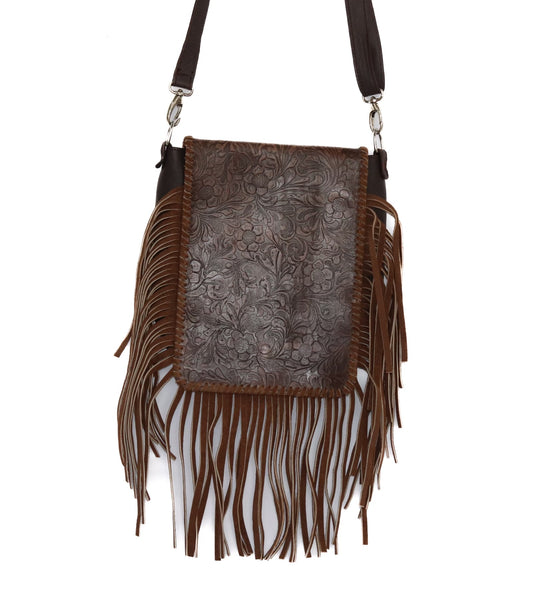 Floral Tooled Leather Fringe Corssbody Bag